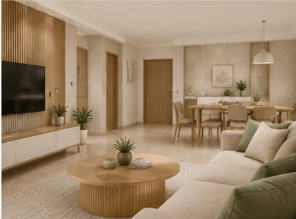 A planned 2BHK living and dining room with a fluted wood TV wall and clear circulation