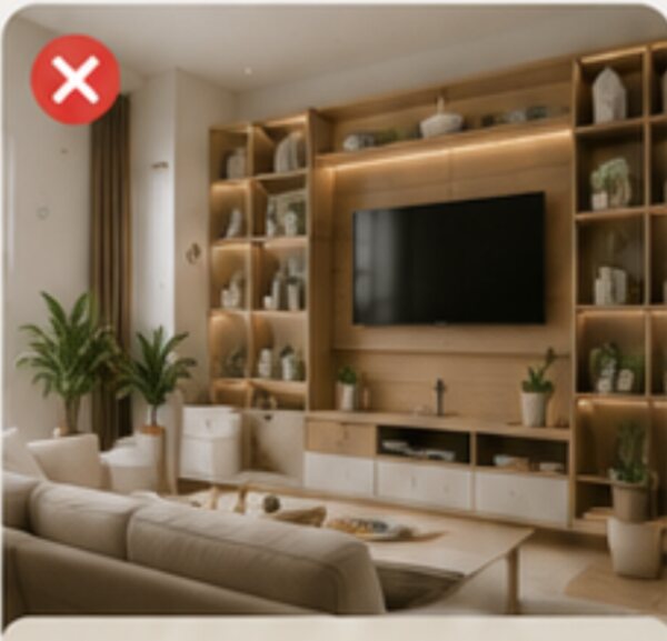 An oversized backlit wall unit crowding a small living room
