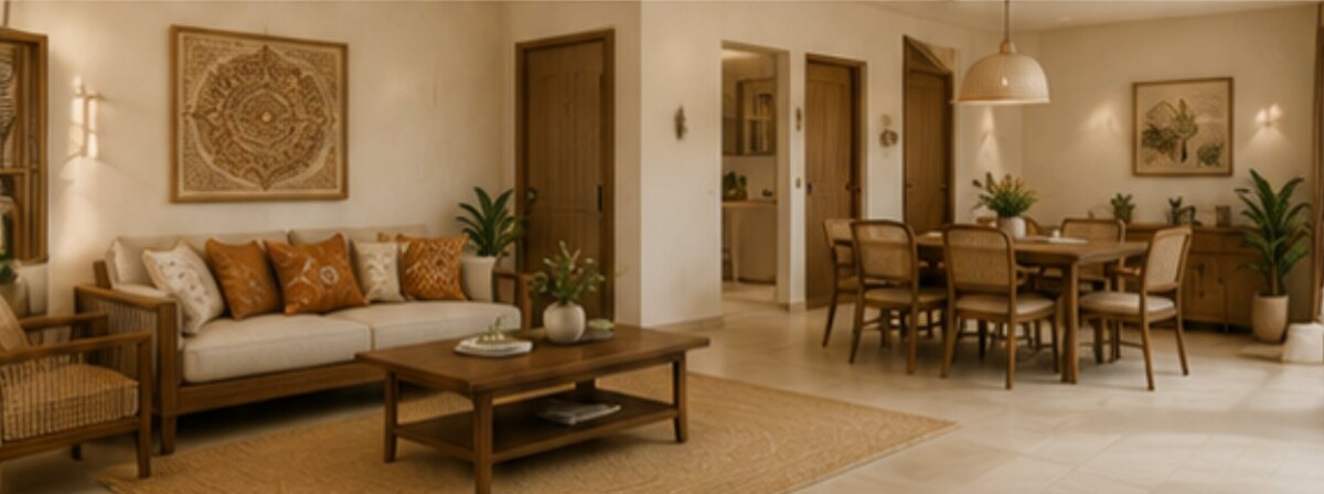 Warm Indian modern living and dining room with cane furniture, terracotta cushions and a jute rug
