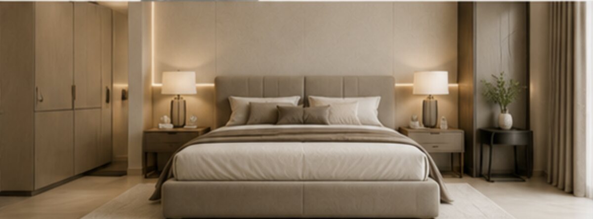 Minimal luxury bedroom with a full-height wardrobe, upholstered bed and warm bedside lighting