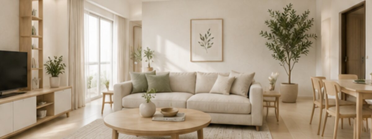 Scandinavian 2BHK living room in pale wood and off-white, with a compact sofa and open dining